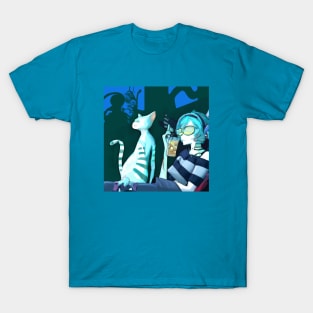 Blue Haired Girl Enjoys Tea and Tunes With Her Cat Friend T-Shirt